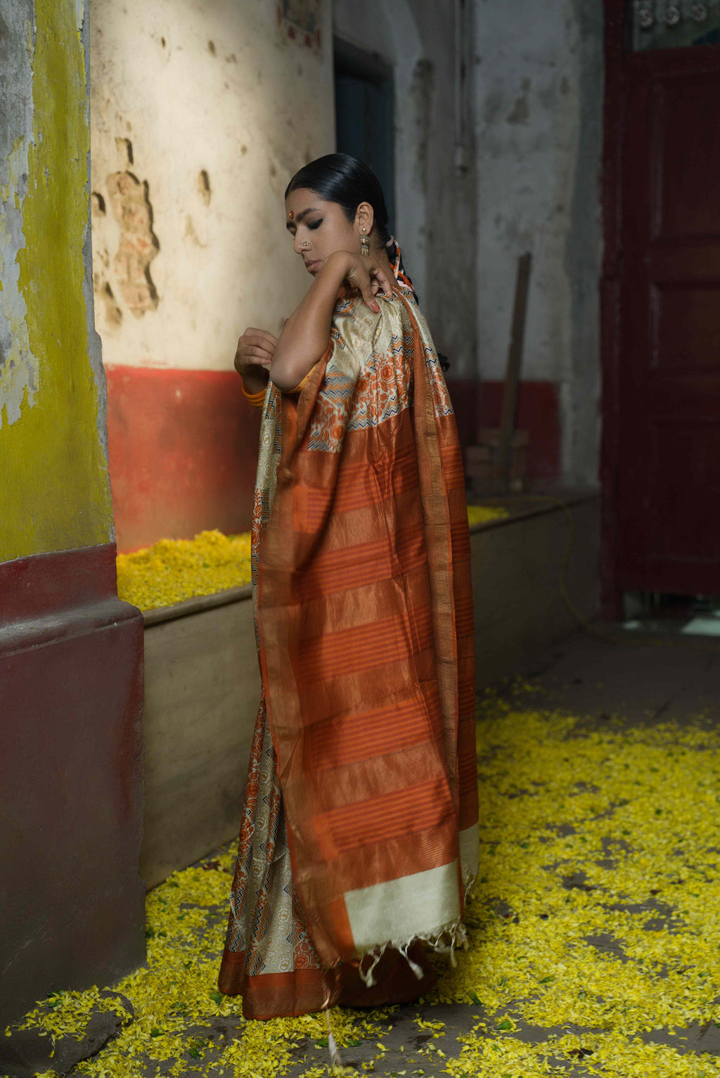 Handwoven Pale Copper Printed Pure Silk Saree